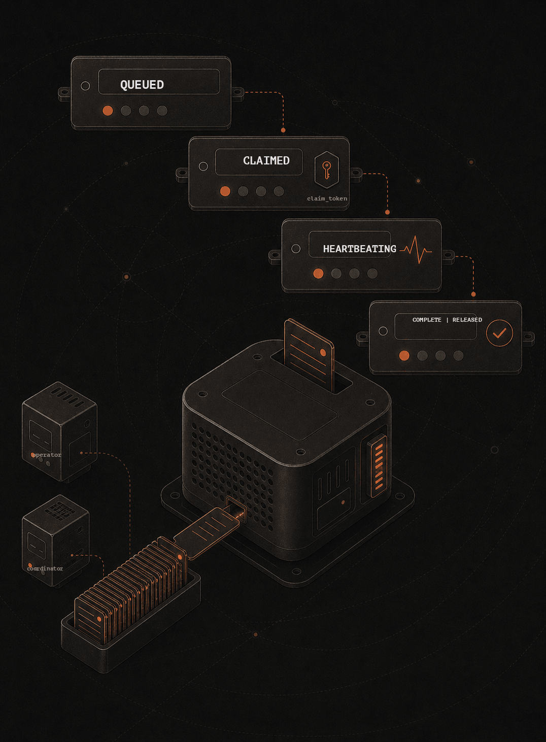 CompozyOS run lifecycle showing a task moving from queued to claimed, heartbeating, and complete.