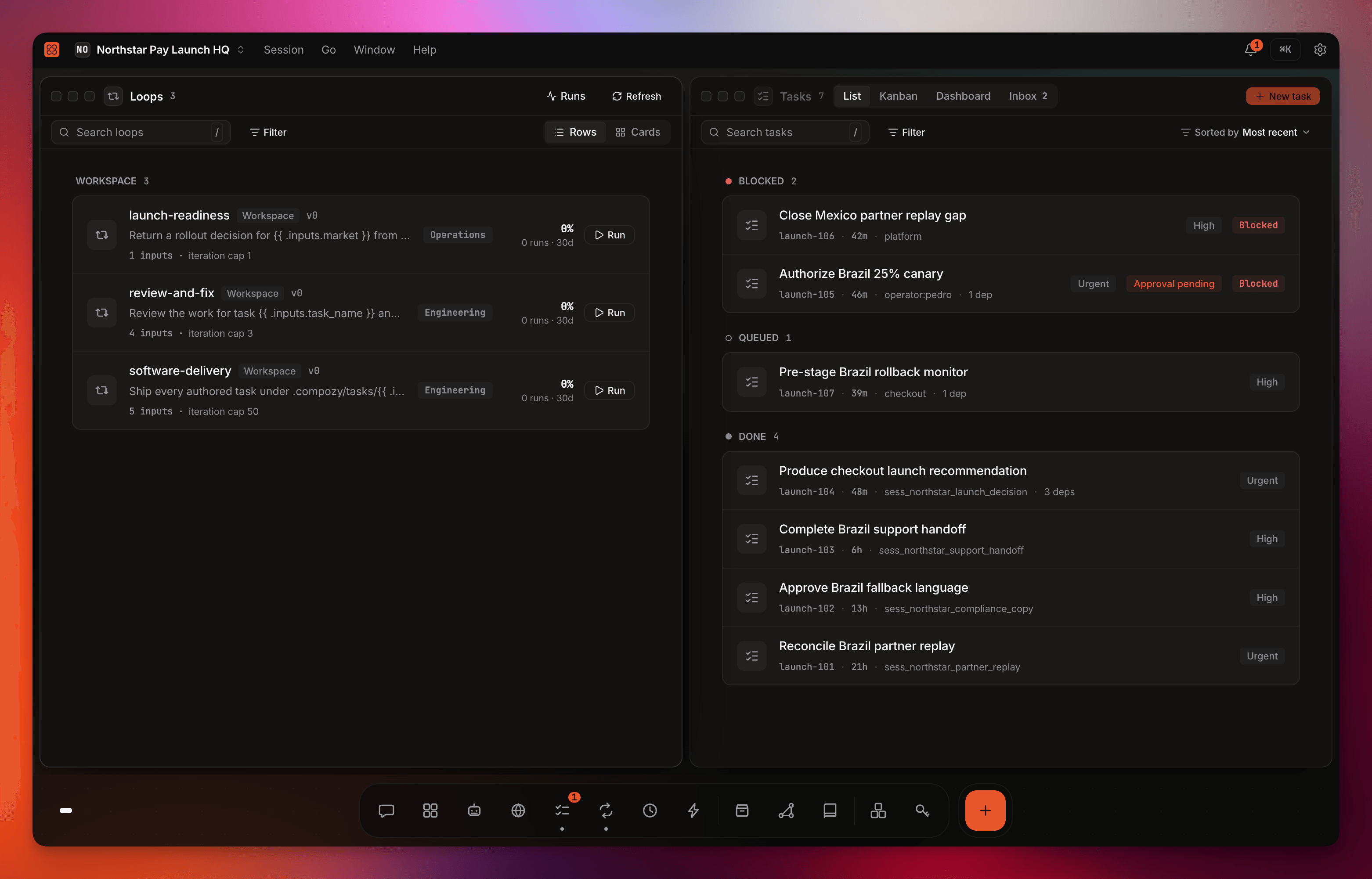 CompozyOS workspace capture: the Loops window lists three workspace loops beside a Tasks board tracking launch work across Blocked, Queued, and Done.