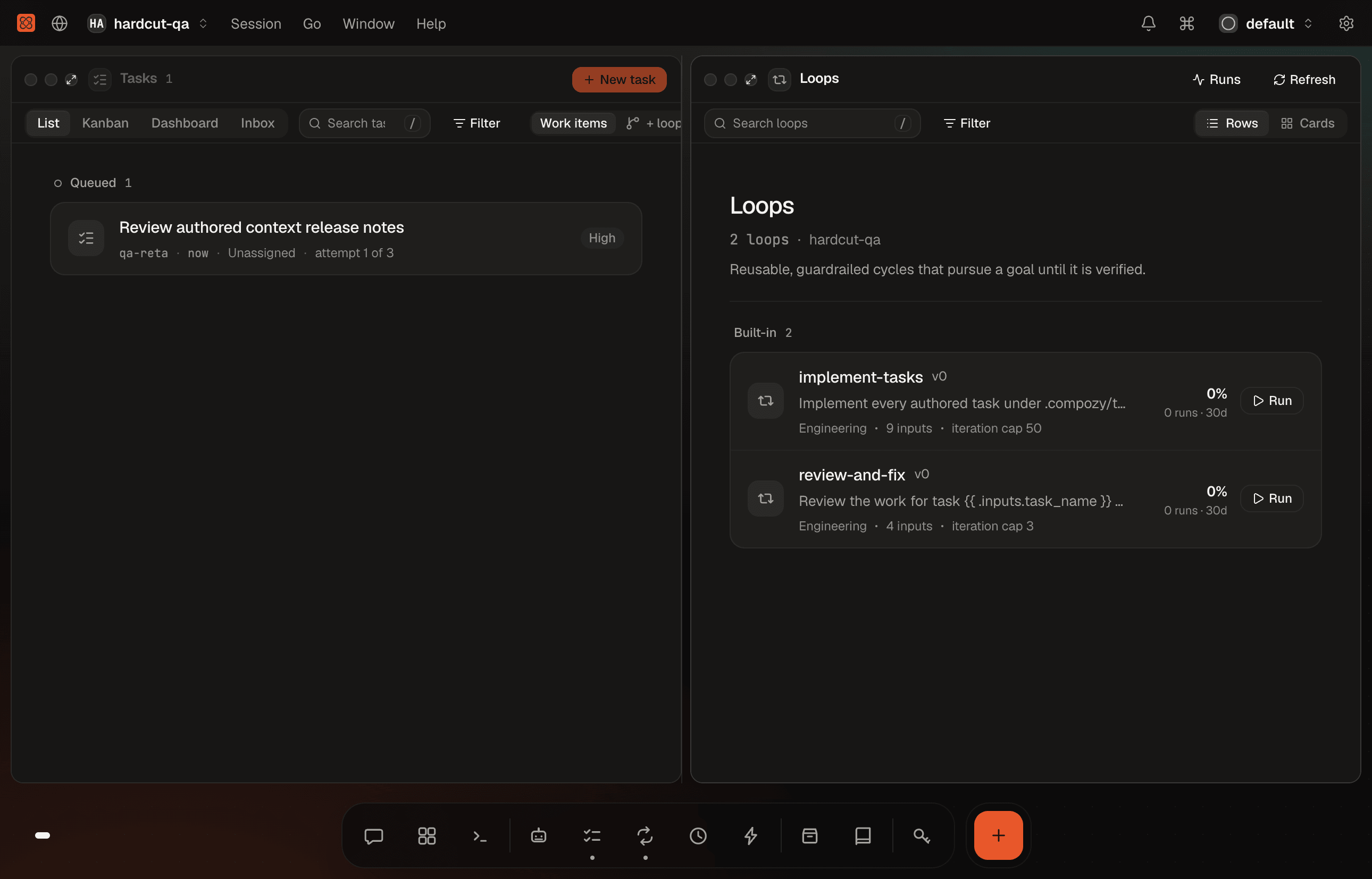 CompozyOS workspace capture: a Tasks window with one queued task beside a Loops window listing the built-in implement-tasks and review-and-fix Loops.